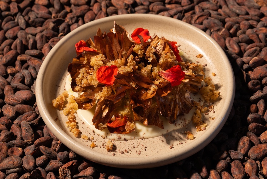 A plate with a crumble on it garnished with red petals, the plate on a bed of cacao beans.