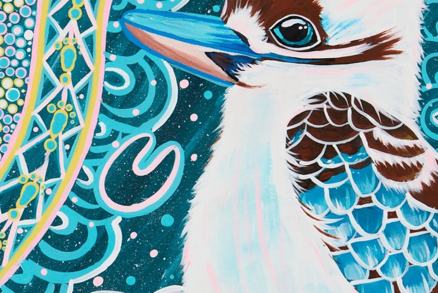 A painting of a kookaburra in shades of blue, brown, white and ochre.