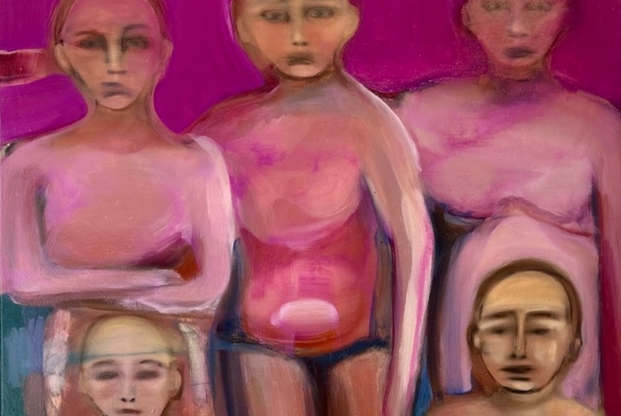 An oil painting of five people with slightly blurred faces and smudged bodies.