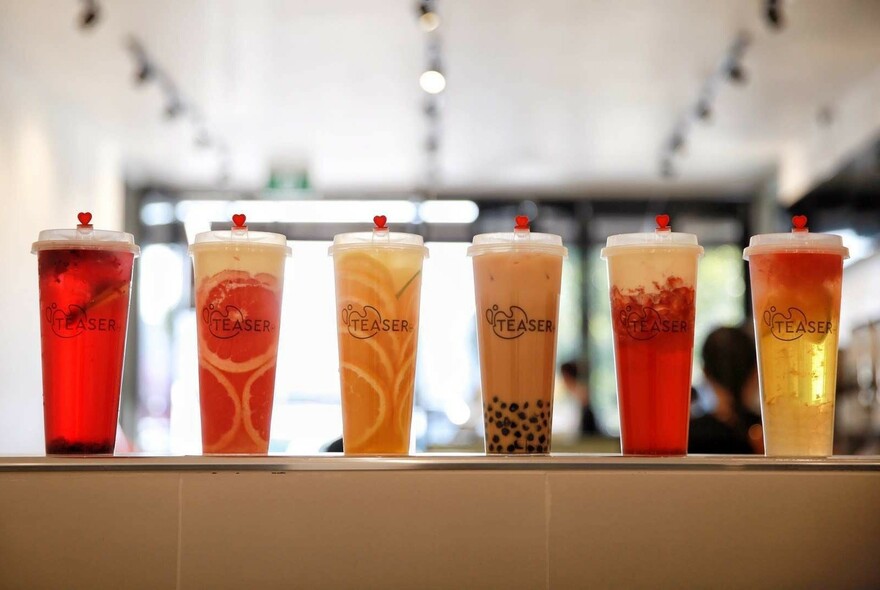 Row of bubble teas.