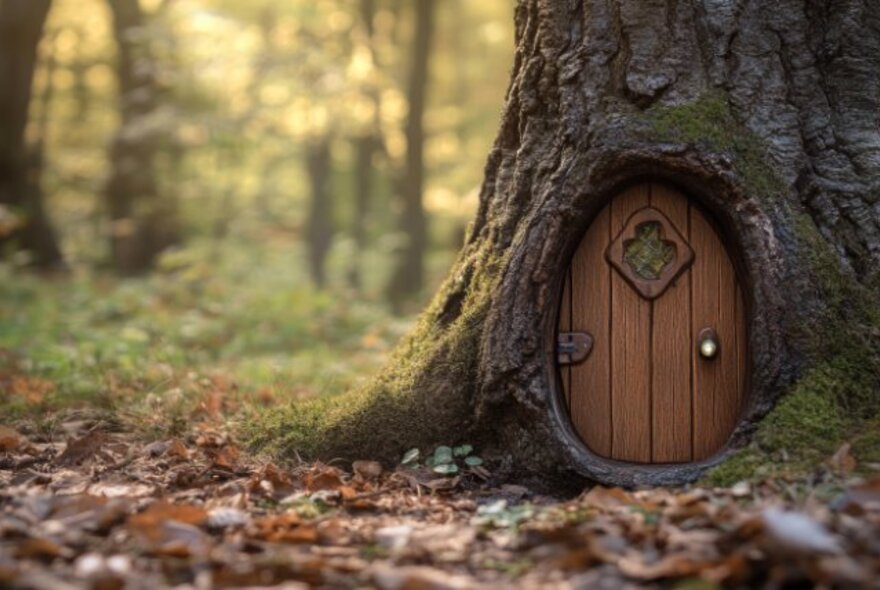 Fairytale tree with a door at the base in a forest setting.