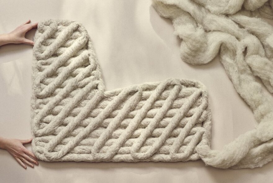 White woolen fleece and a woven designed object made from the fleece to the left of it, hands holding the edges of it.