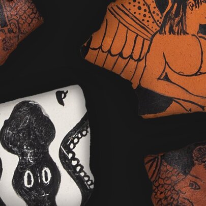 Fragments or sherds of Ancient Greek Attic red-figure and black-figure pottery.