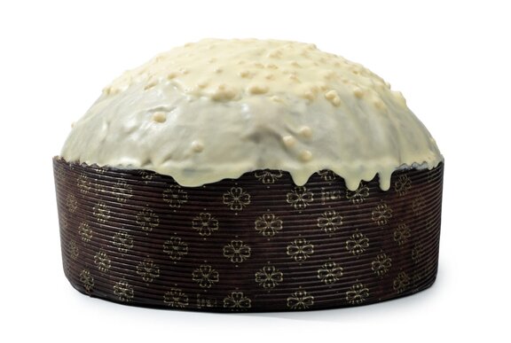 A lemon panettone, iced and in a Brunetti paper case.