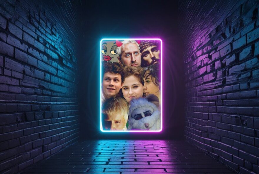 Image with multiple faces at the end of a fluoro -lit corridor.