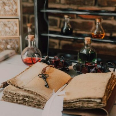 A spellbook on a table next to potions.