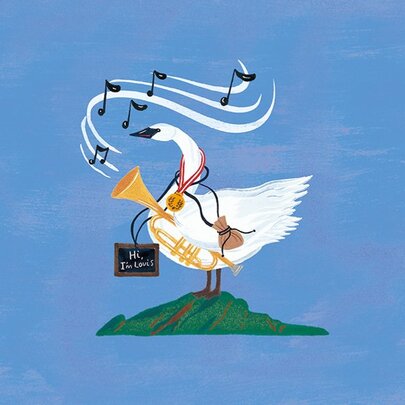 A hand-painted illustration of a young swan holding a trumpet under its wing, musical notes playing from the trumpet.