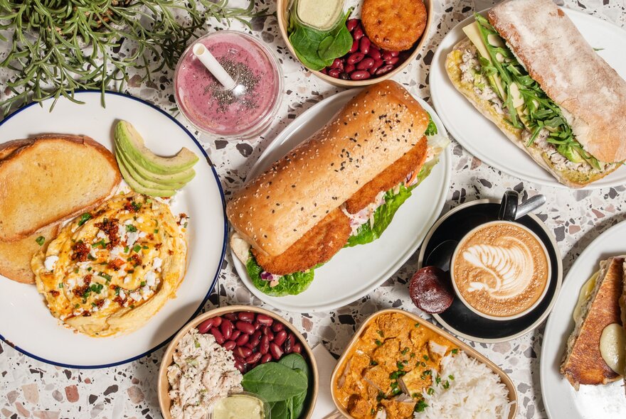 A selection of delicious lunch plates seen from above.