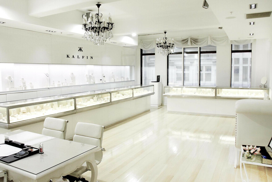 White interior of Kalfin Jewellery store.