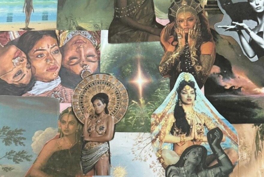 A cultural collage artwork, with cutout images of strong Indian women placed together with images of sky and starlight.