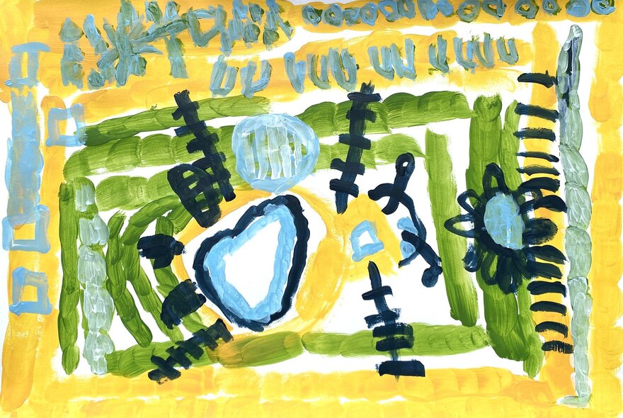 A bright acrylic painting of abstract patterns in green, blue, yellow and black.