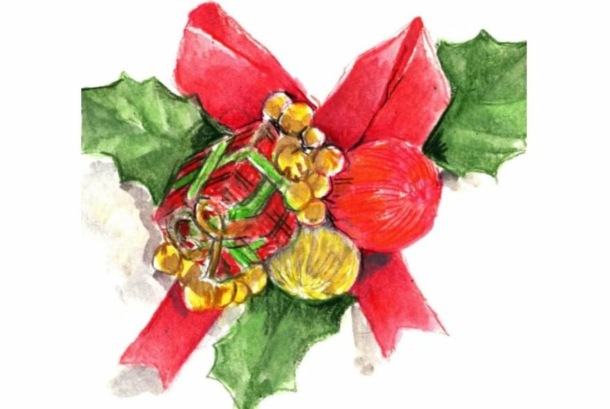 Drawing of a Christmas wreath with ribbons and holly.