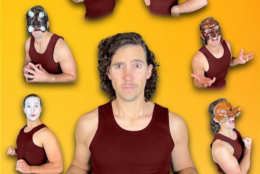A performer wearing a brown singlet in the centre of the frame looking directly ahead, surrounded by mini images of himself in the same singlet but wearing different Commedia dell’Arte masks to signify different characters.