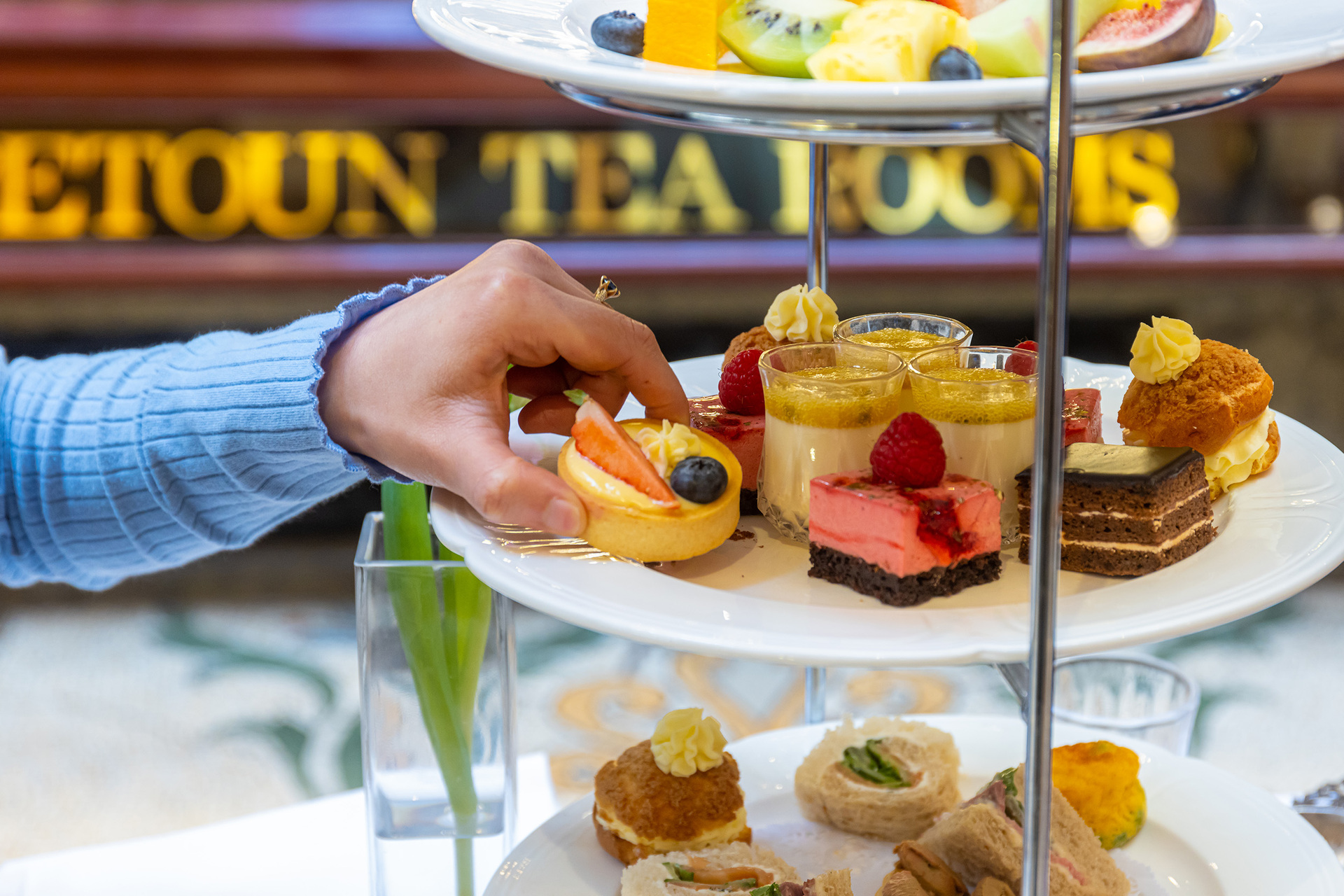 A tiered high tea cake stand