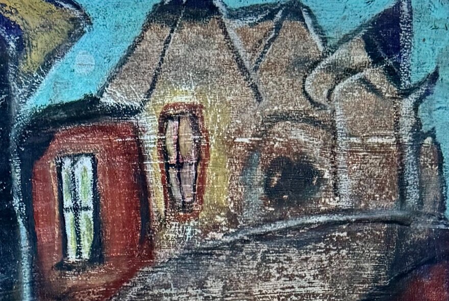 Detail of cartoon-like house with windows and steep roof.