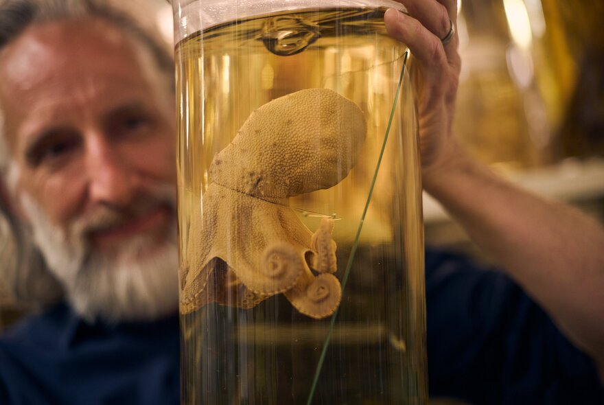 Bearded man holding a jar with a a creature suspended inside.