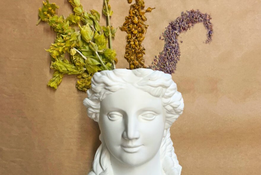 A white plaster bust sculpture of a Greek goddess, used as a planter with dried plants and herbs arranged in the top opening.