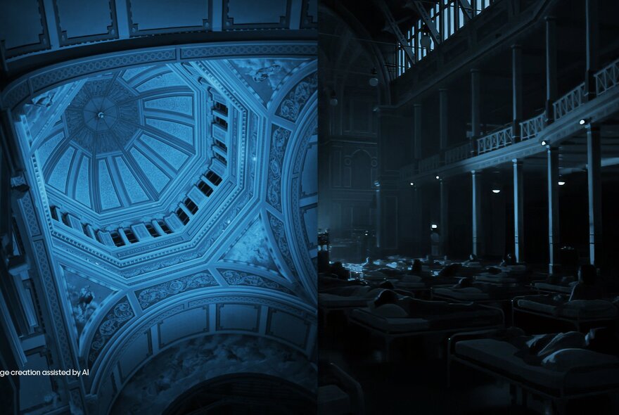 A large mirror display that reflects a ceiling dome in a muted blue shade. 