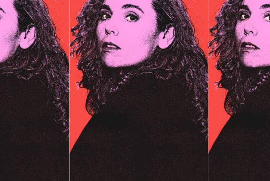 An Andy Warhol inspired artwork featuring Brownwyn Kuss reproduced several times with a pink wash over her face.
