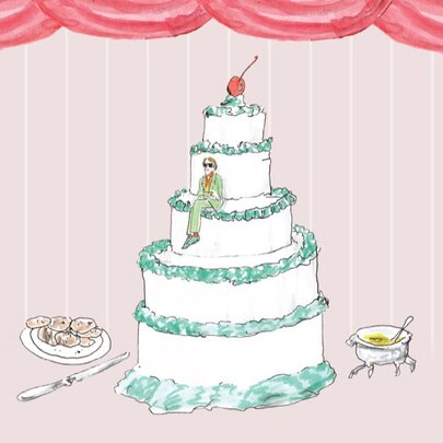An illustration of a large white tiered cake, with a cherry on top, framed by red curtains, against a pale pink background.