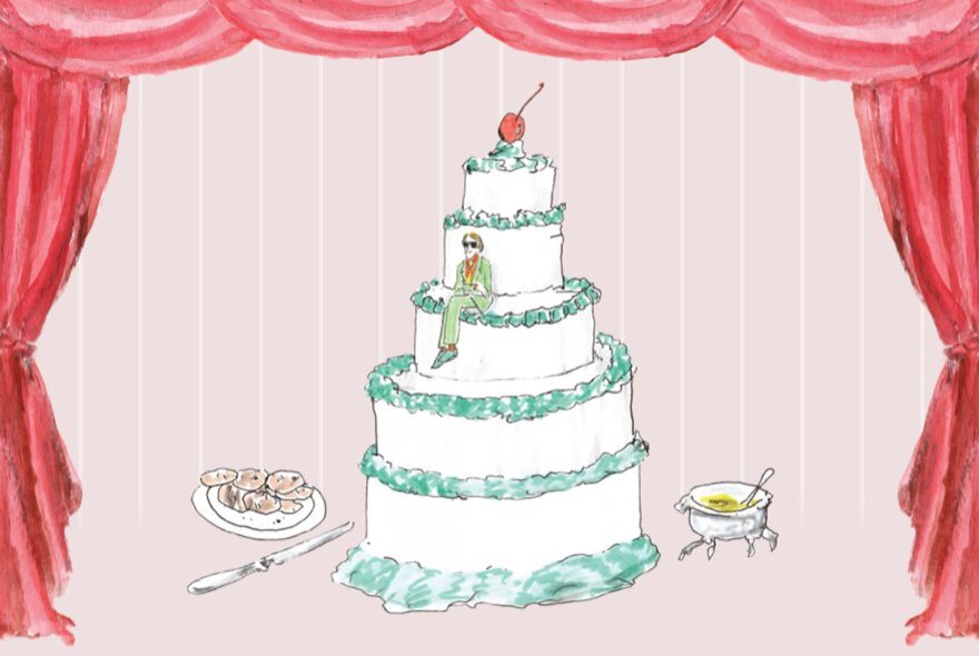 An illustration of a large white tiered cake, with a cherry on top, framed by red curtains, against a pale pink background.