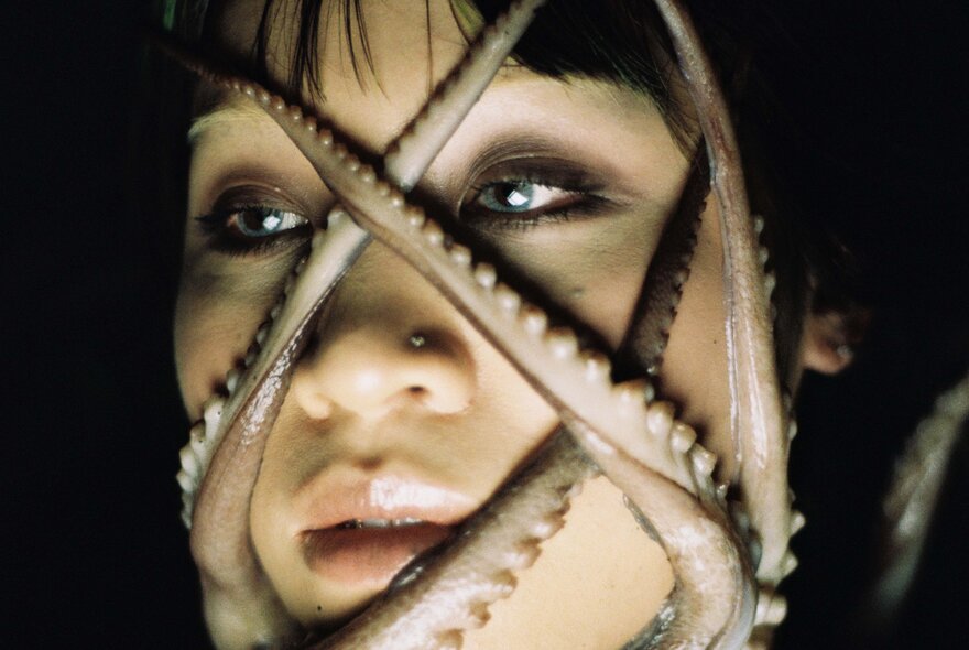 A woman's face criss-crossed with octopus tentacles.