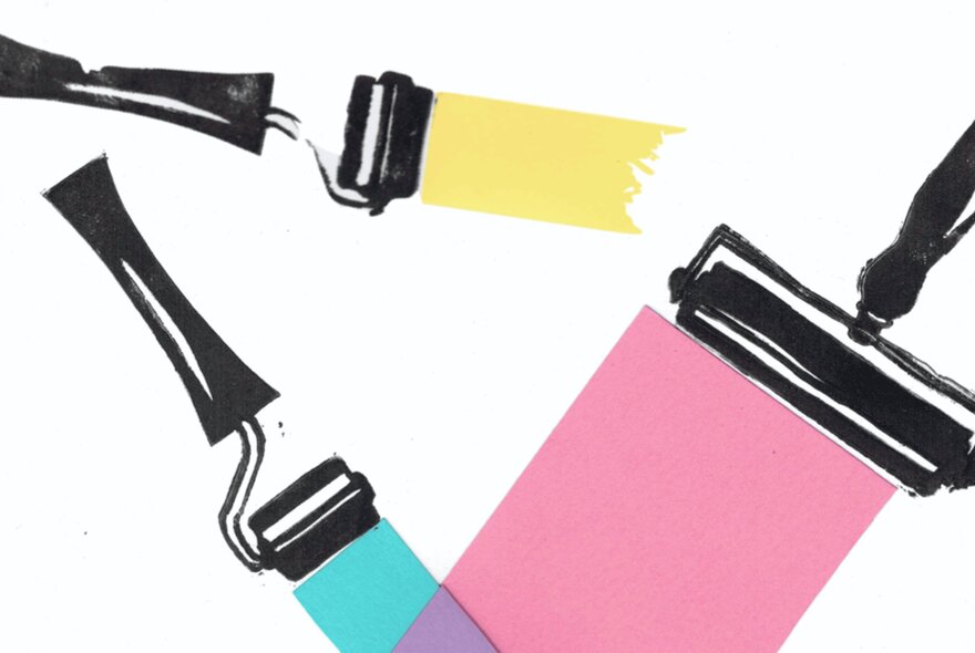 An illustration of paint rollers applying cyan, magenta, and yellow colours against a white background.