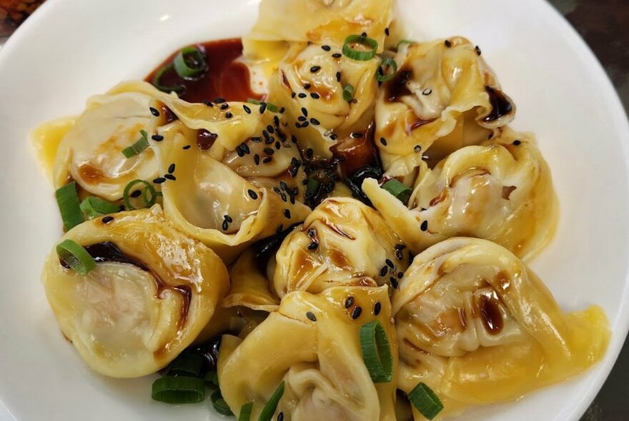 A plate of steamed dumplings with chilli sauce and spring onions. 