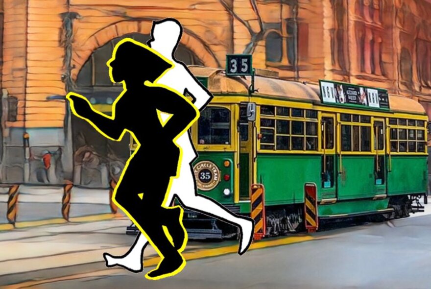 Two silhouettes of people running, one black and one white, in front of an old Melbourne tram going past Flinders St Station.