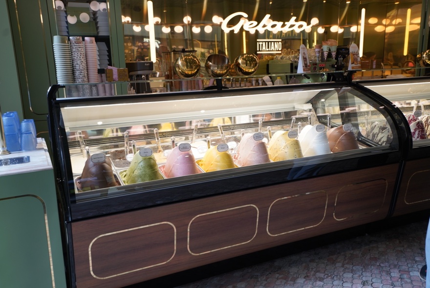 The gelato display counter inside Anita Gelato.