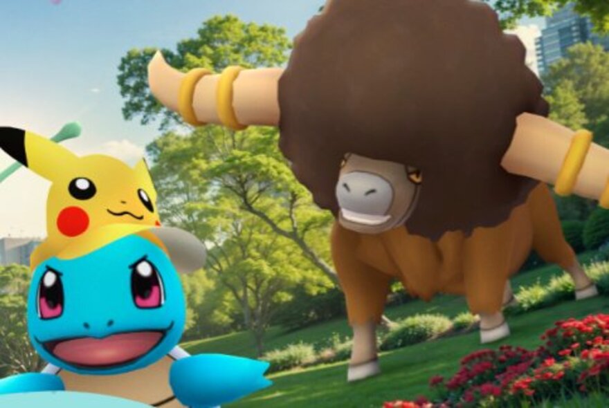Pokemon figures in a garden setting.