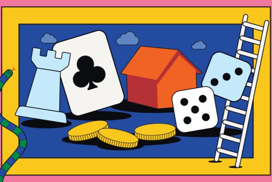 A colourful drawing of assorted items from a board game including a playing card, a rook piece from chess, dice, gold tokens and snakes and ladders.