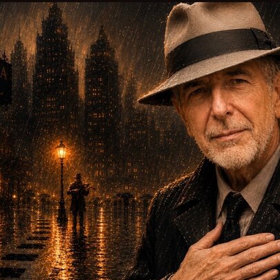 Leonard Cohen wearing a hat, with a background painting of a man standing under a street lamp in the rain with city buildings in the background.