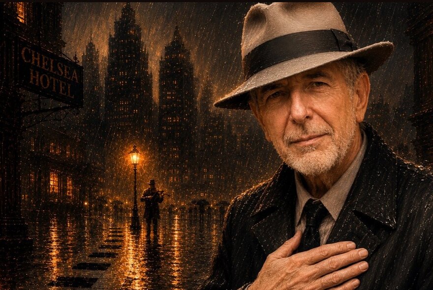 Leonard Cohen wearing a hat, with a background painting of a man standing under a street lamp in the rain with city buildings in the background.
