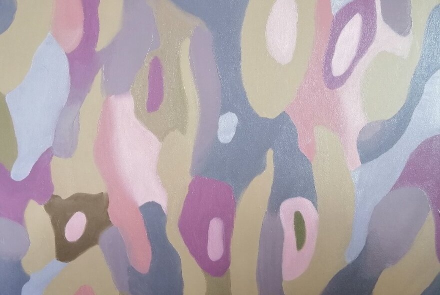 Artwork showing muted coloured ovals and swirls in purple and green tones. 