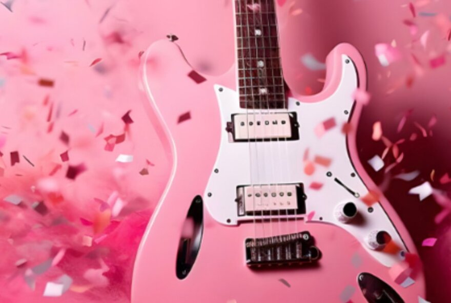 Pink guitar with pink wall and tinsel sparkles.