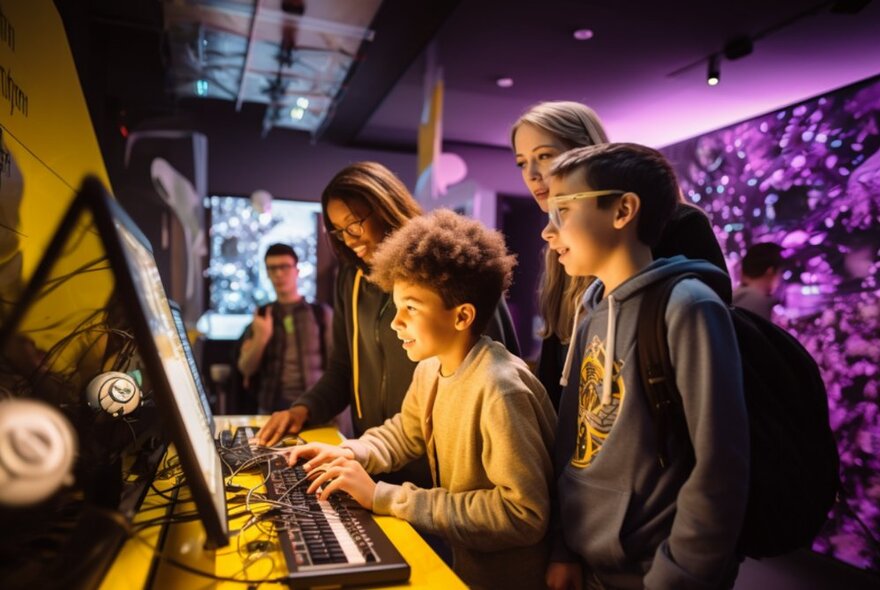 Four teenagers and young adults standing around a monitor that is connected to a midi-keyboard, creating a composition, one teenager with their hands hovering over the keyboard.