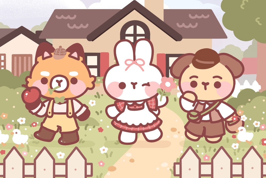 Three cute Japanese-style cartoon animals, including a cat, bunny and dog, dressed in clothes and standing in the front yard of a cute cottage, behind a picket fence.