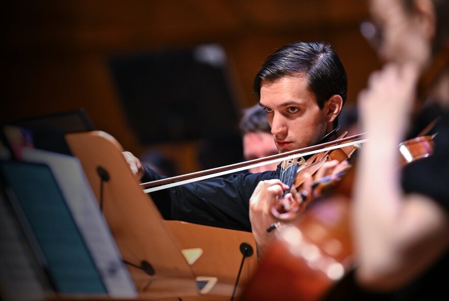 A musician playing a violin in an orchestra, looking serious, with two other musicians out of focus around him.