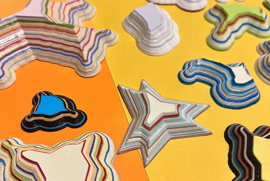 A series of stratified 3D shapes with coloured lines. 