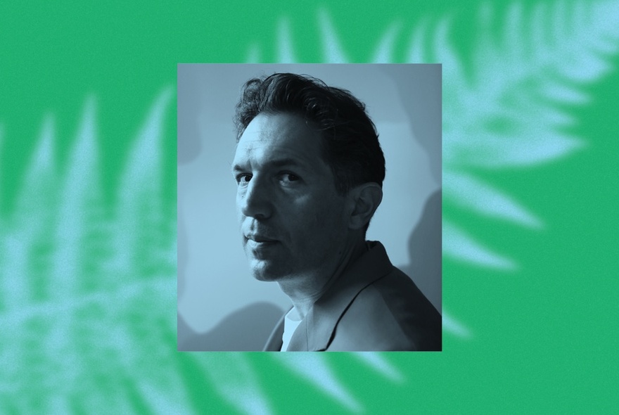 Chef Ben Shewry looking serious in a small image over a larger green illustration of a fern leaf