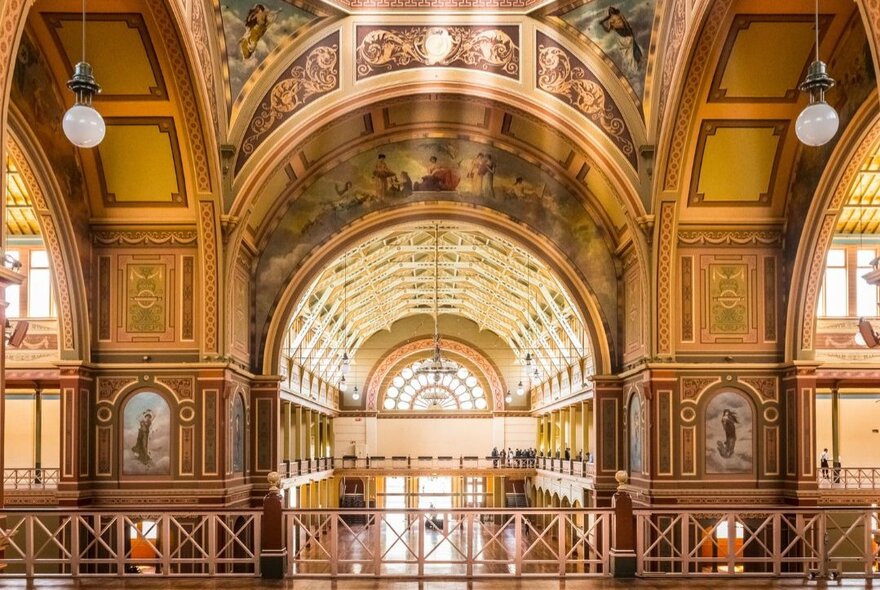 The decorative arched interior of the Royal Exhibition Building. 