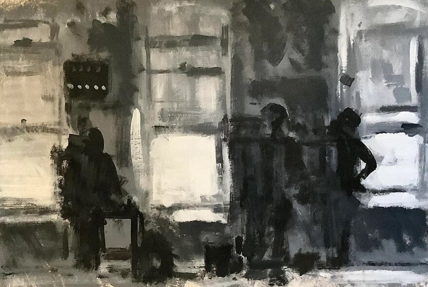 A dark charcoal drawing of three figures in a studio space, smudged and tonal.