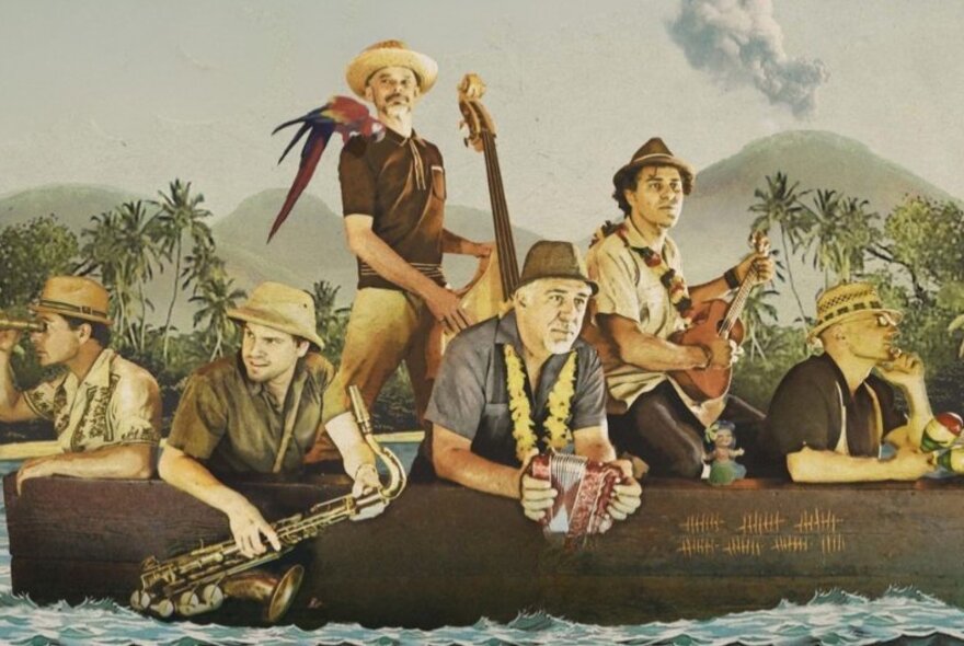 A hand-coloured photo of the six-piece band Bustamento, posed with their instruments and seated in a canoe, against a backdrop of a tropical island and palm trees.