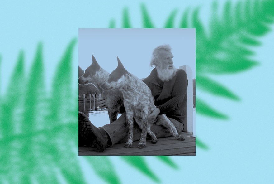 A small square showing Bruce Pascoe and two heeler dogs over a larger image of a fern leaf.