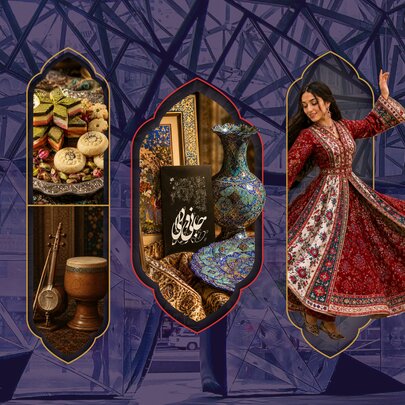 A Persian-style image showing three windows overlaid on an image of Fed Square in Melbourne; the windows showing persian food, instruments and dancers.