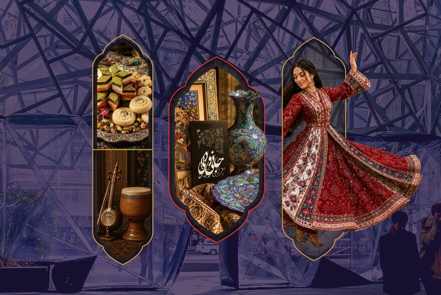 A Persian-style image showing three windows overlaid on an image of Fed Square in Melbourne; the windows showing persian food, instruments and dancers.