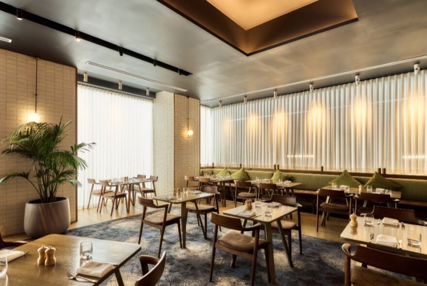 Restaurant interior with downlighting, multiple set tables and large indoor plant.