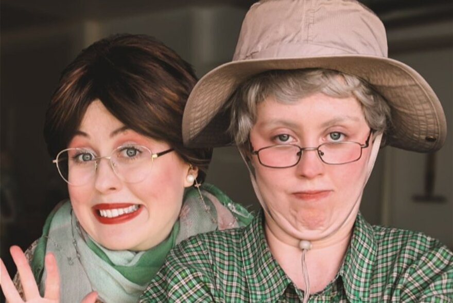 Comedian Alanah Parkin, in two different character outfits.