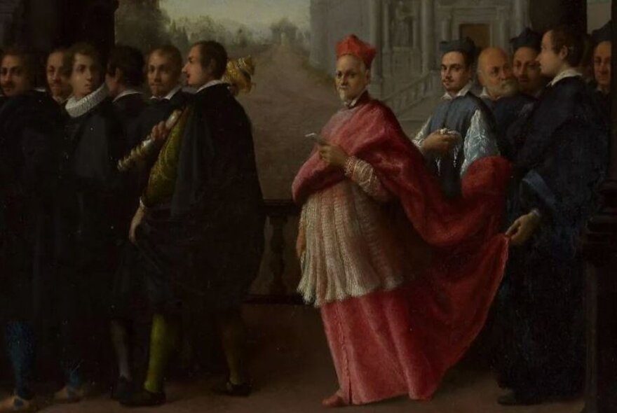 Traditional oil painting of a red-robed Catholic Cardinal and followers.